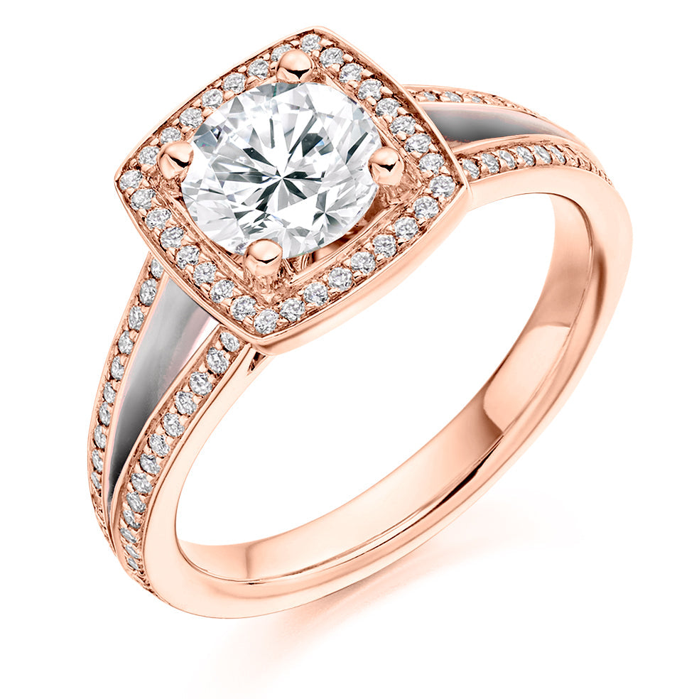 Curved-Shoulder Halo Round Brilliant Engagement Ring 1.0ct total in Rose Gold