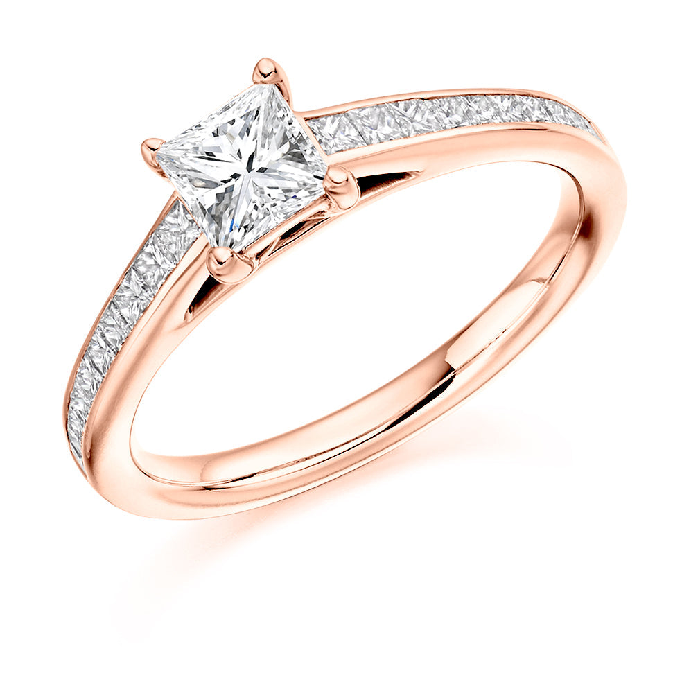 Channel-Shouldered Solitaire Princess Cut Engagement Ring 0.95ct in Rose Gold