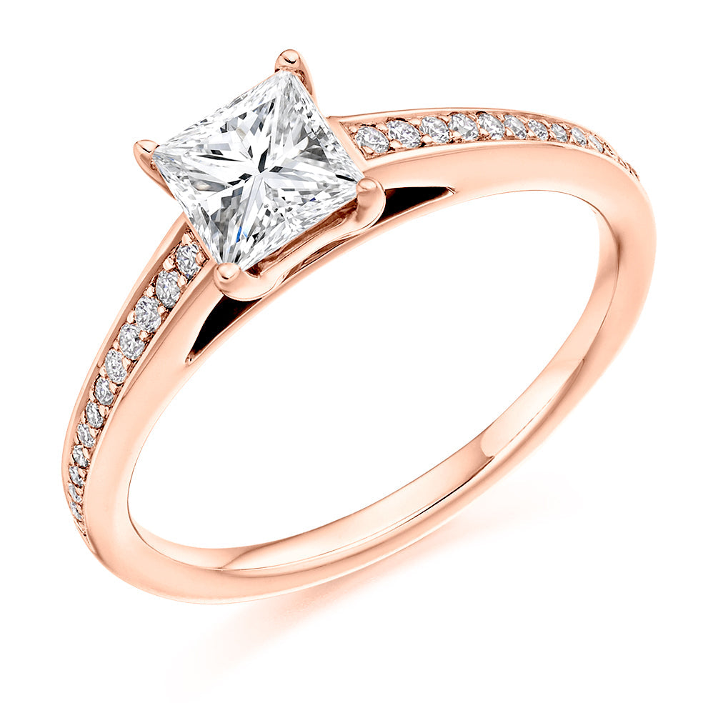 Pavé-Shouldered Solitaire Princess Cut Engagement Ring 0.91ct in Rose Gold