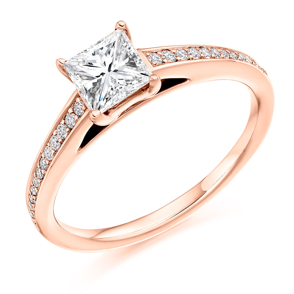 Pavé-Shouldered Solitaire Princess Cut Engagement Ring 0.91ct in Rose Gold