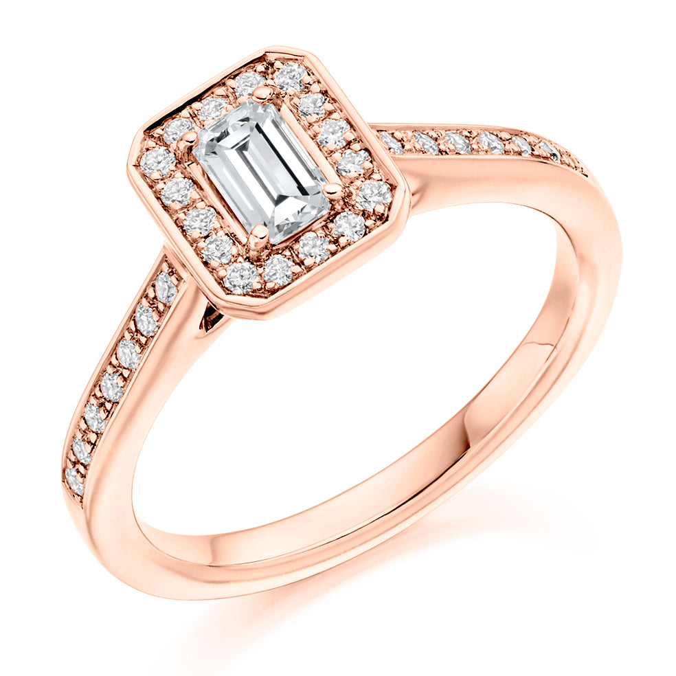 Pavé-Shoulder Halo Emerald-Cut Engagement Ring, 0.33ct in Rose Gold