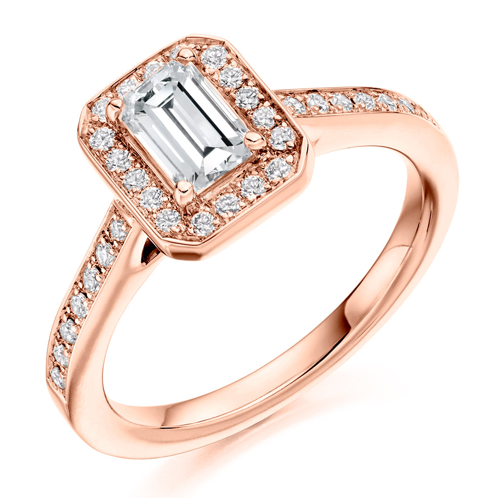 Pavé-Shoulder Halo Emerald-Cut Engagement Ring, 0.5ct in Rose Gold
