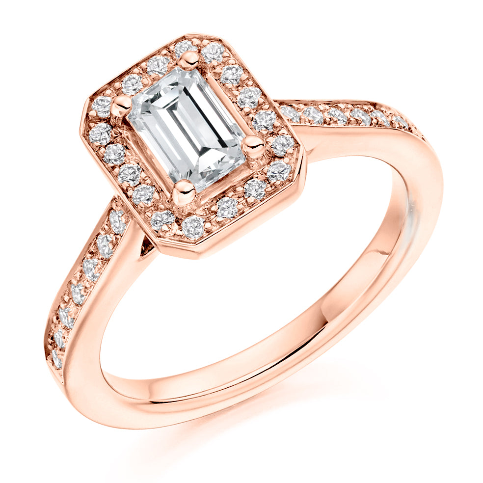 Pavé-Shoulder Halo Emerald-Cut Engagement Ring, 0.75ct in Rose Gold