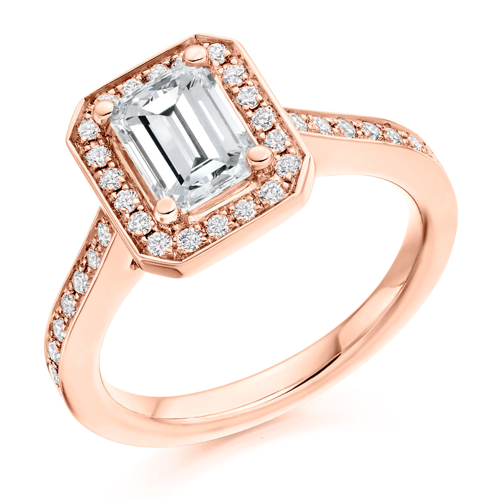 Pavé-Shoulder Halo Emerald-Cut Engagement Ring, 1.0ct in Rose Gold
