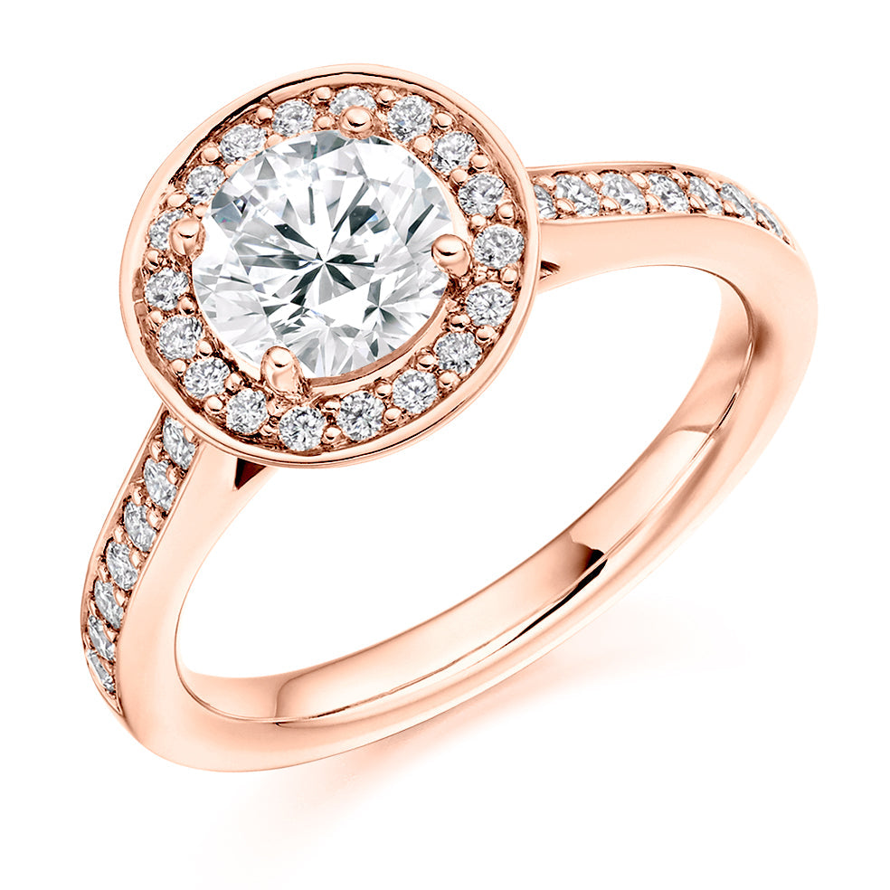 Pavé-Shoulder Halo Round-Brilliant Engagement Ring, 0.9ct (ENG3664 SMT) in Rose Gold