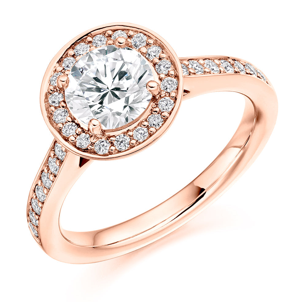 Pavé-Shoulder Halo Round-Brilliant Engagement Ring, 1.0ct (ENG3665 SMT) in Rose Gold