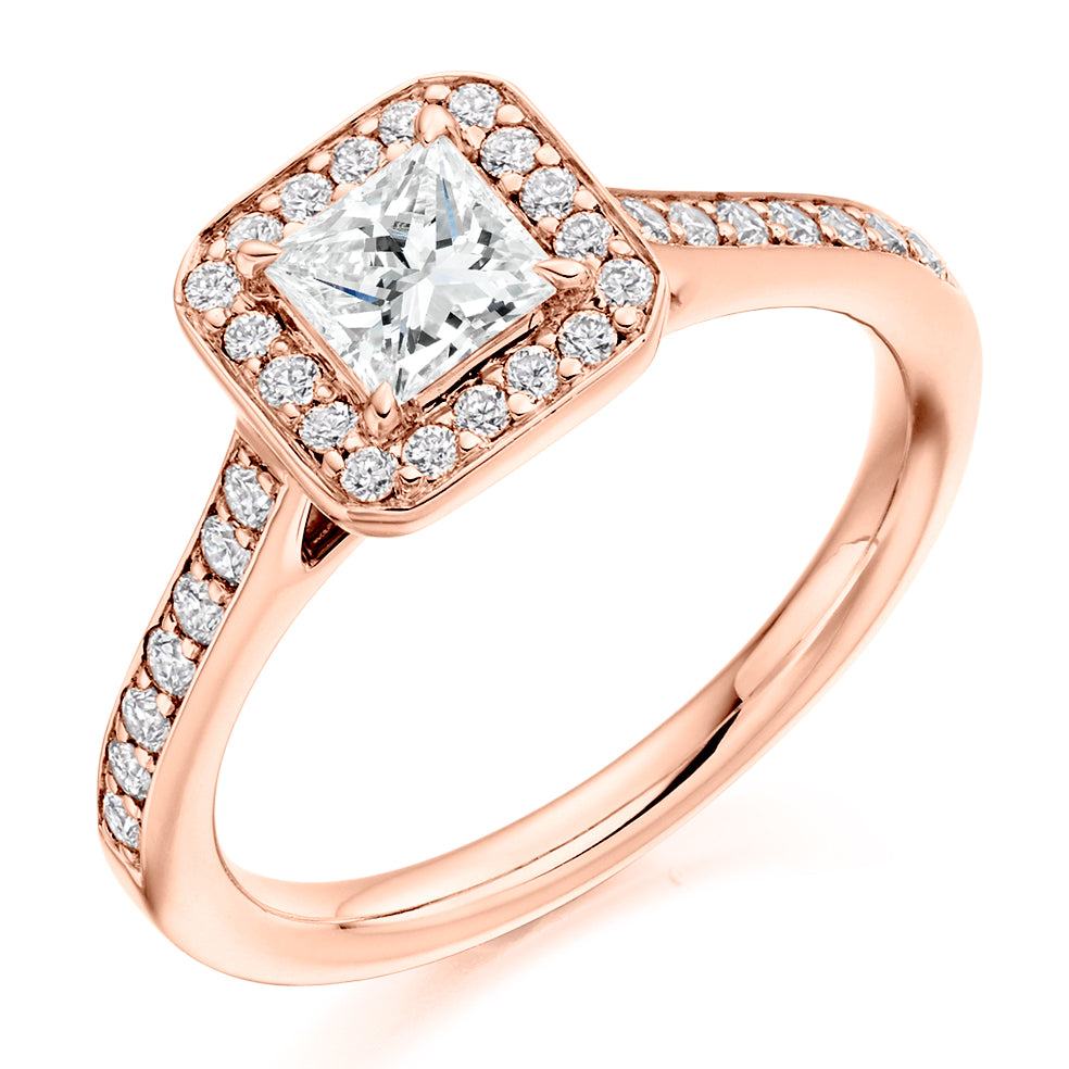 Pavé-Shoulder Halo Princess-Cut Engagement Ring, 0.5ct (ENG3668 SMT) in Rose Gold