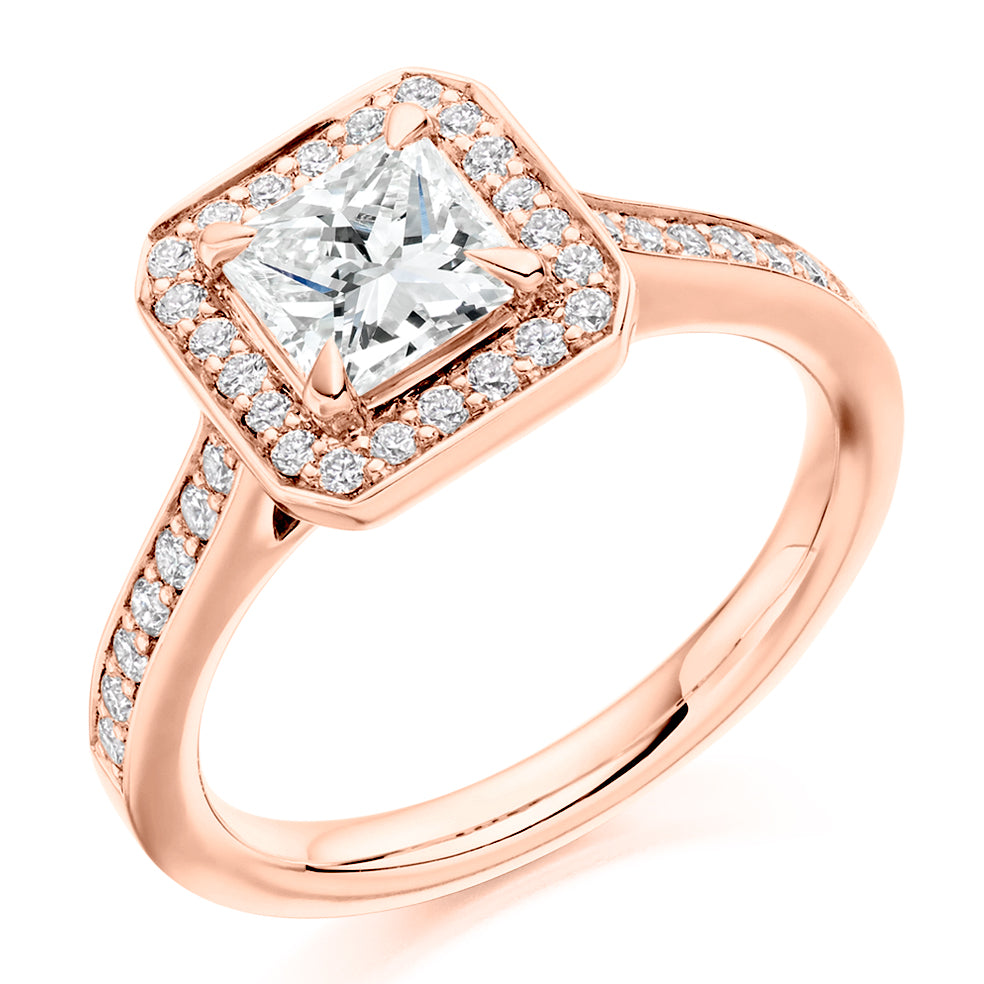 Pavé-Shoulder Halo Princess-Cut Engagement Ring, 0.75ct in Rose Gold