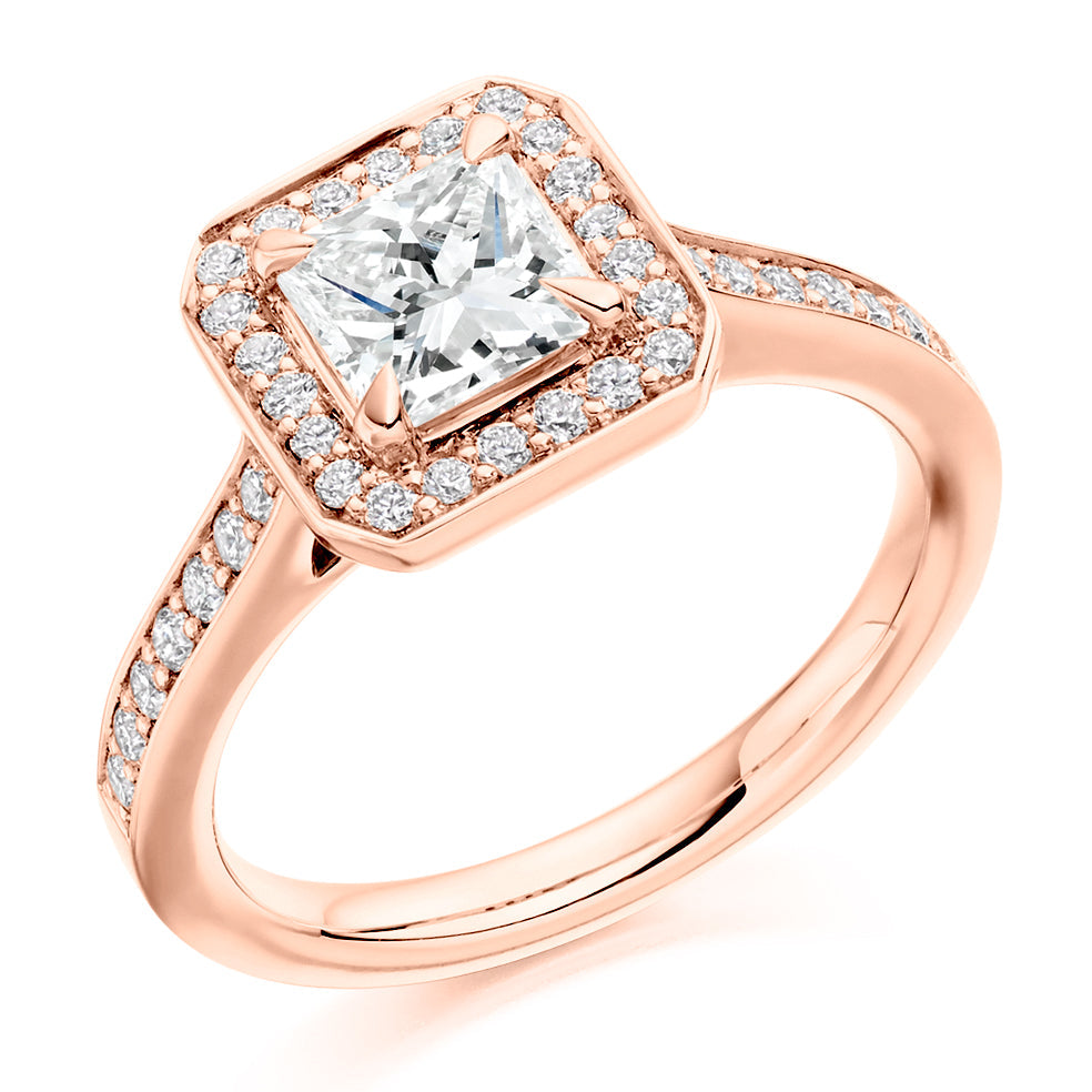 Pavé-Shoulder Halo Princess-Cut Engagement Ring, 1.0ct in Rose Gold
