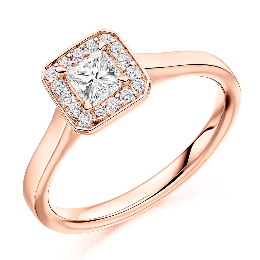 Plain-Band Halo Princess Cut Engagement Ring, 0.33ct in Rose Gold