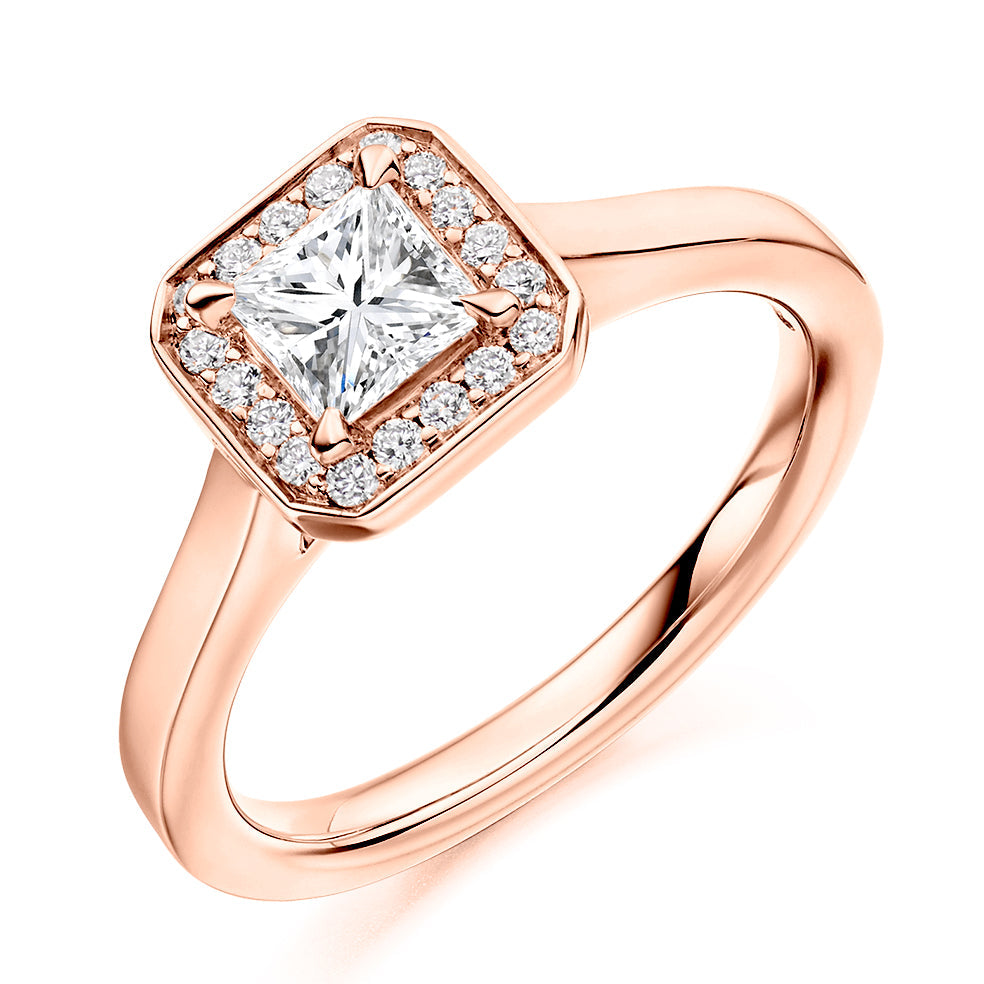 Halo Solitaire Princess Cut Engagement Ring, 0.5ct in Rose Gold