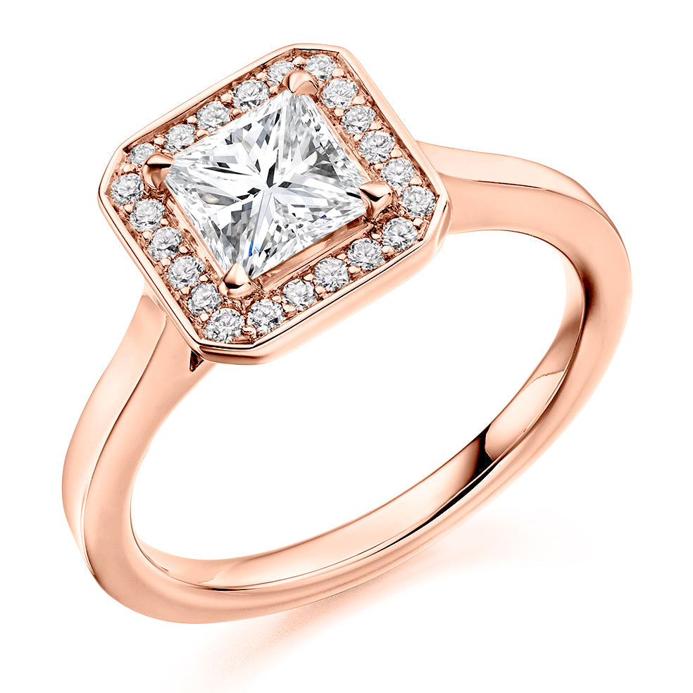 Clean-Shouldered Halo Princess Cut Engagement Ring, 0.75ct in Rose Gold