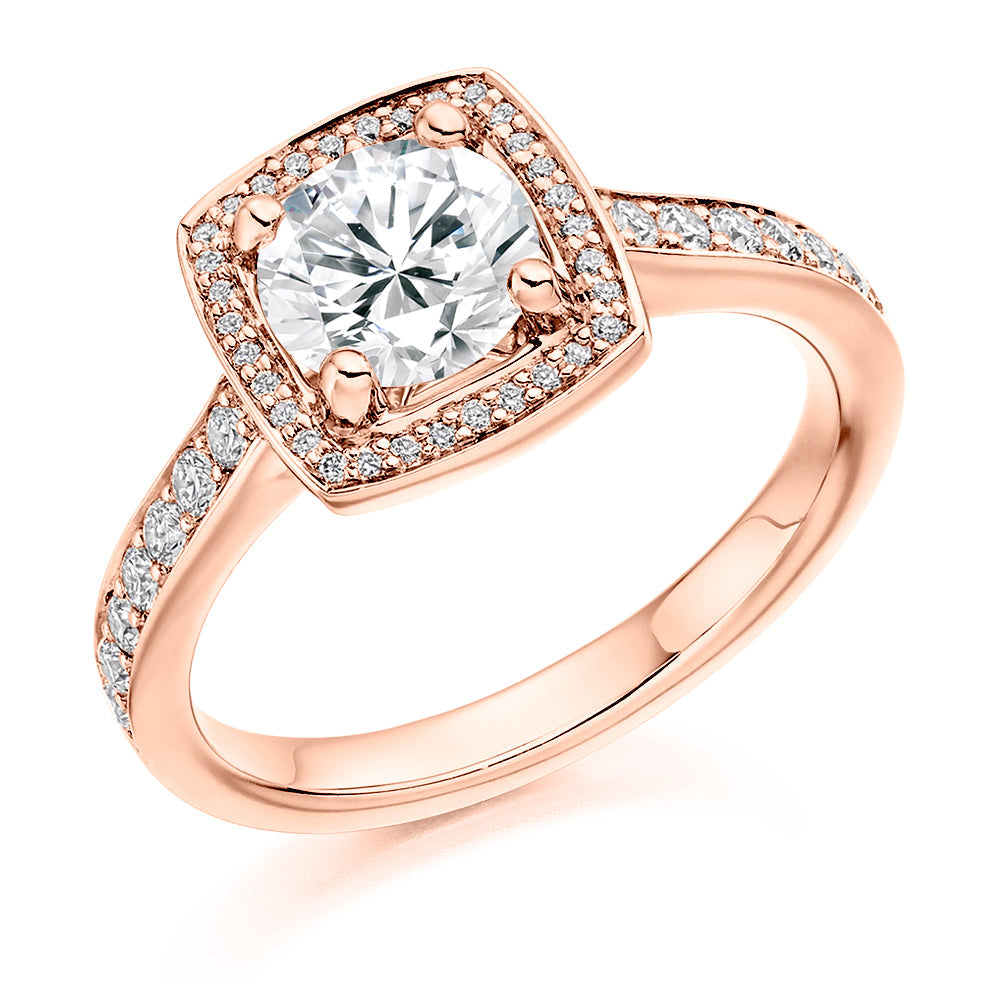 Pavé-Shoulder Halo Round-Brilliant Engagement Ring, 0.9ct (ENG3699 SMT) in Rose Gold