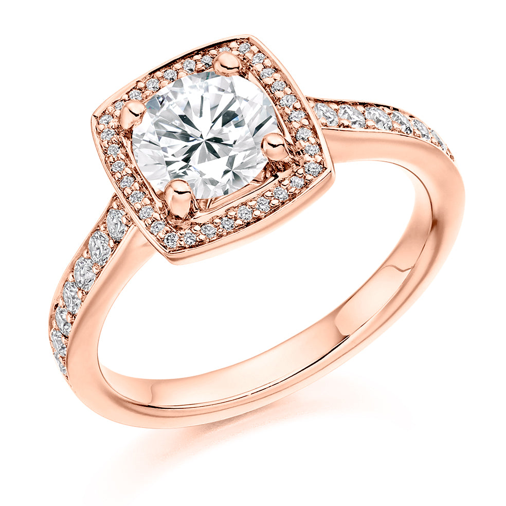 Pavé-Shoulder Halo Round-Brilliant Engagement Ring, 0.9ct (ENG3699 SMT) in Rose Gold