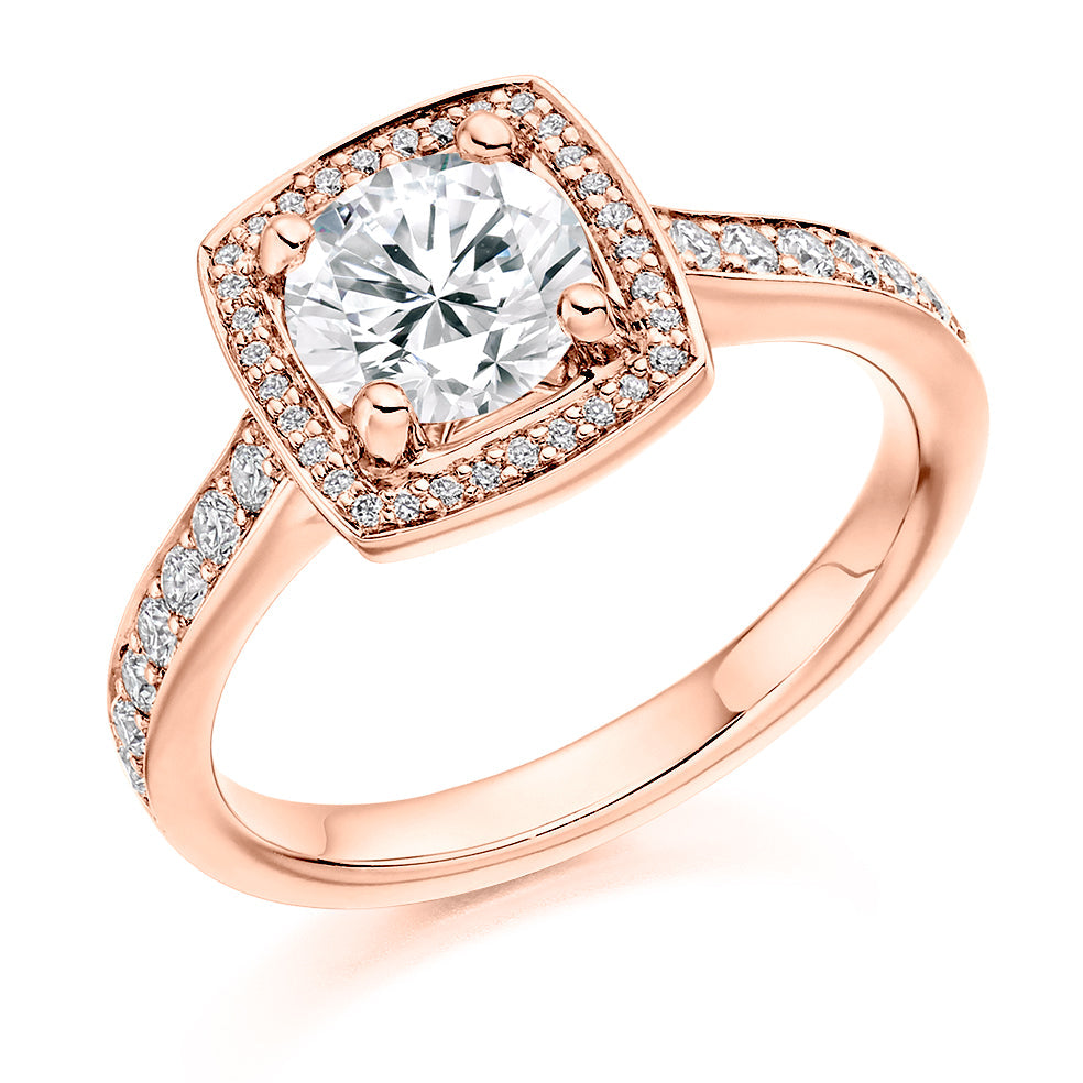 Pavé-Shoulder Halo Round-Brilliant Engagement Ring, 1.0ct (ENG3700 SMT) in Rose Gold
