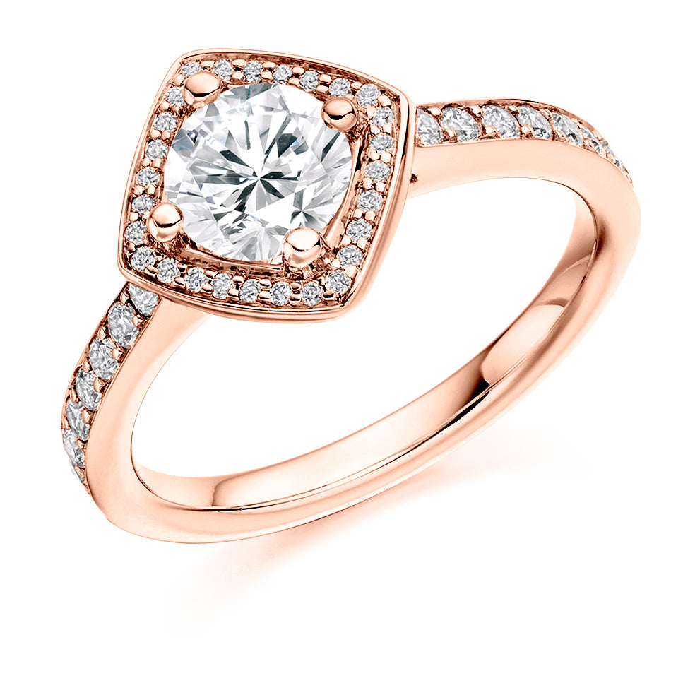 Pavé-Shoulder Halo Round-Brilliant Engagement Ring, 0.9ct (ENG3704 SMT) in Rose Gold