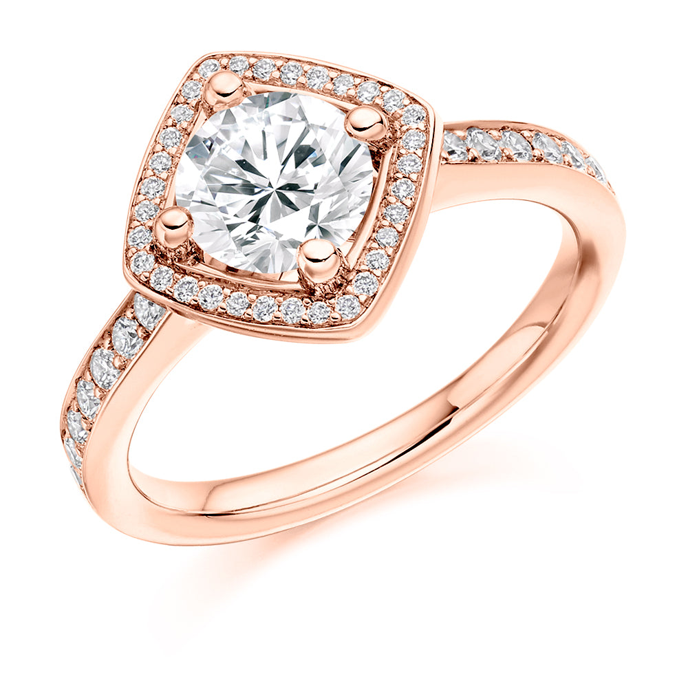 Pavé-Shoulder Halo Round-Brilliant Engagement Ring, 1.0ct (ENG3705 SMT) in Rose Gold