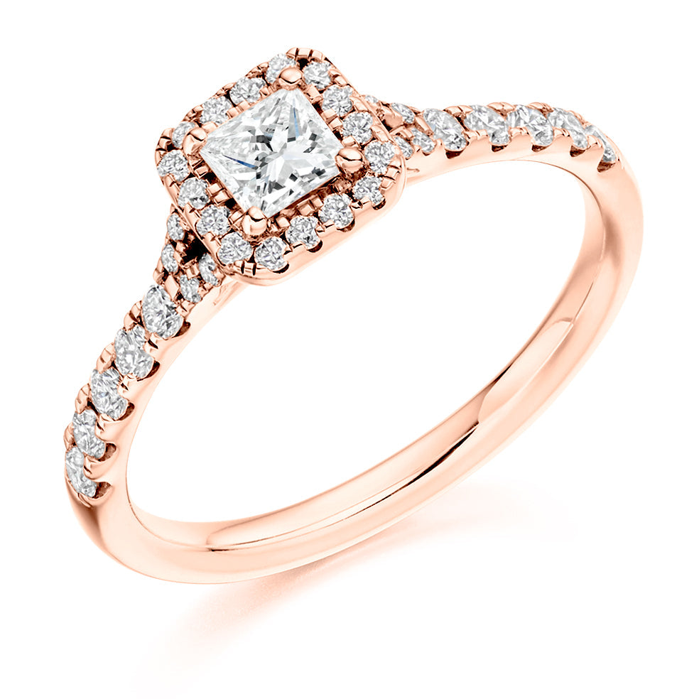 Pavé-Shoulder Halo Split-Shoulder Princess-Cut Engagement Ring, 0.25ct in Rose Gold