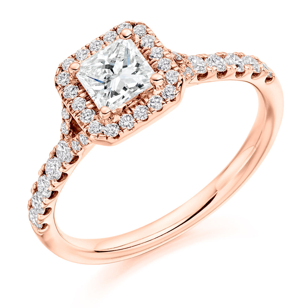 Pavé-Shoulder Halo Split-Shoulder Princess-Cut Engagement Ring, 0.5ct in Rose Gold