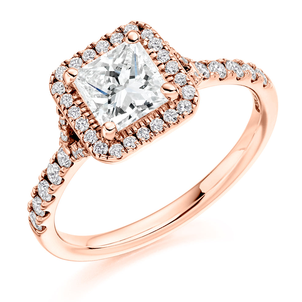 Pavé-Shoulder Halo Split-Shoulder Princess-Cut Engagement Ring, 0.75ct in Rose Gold