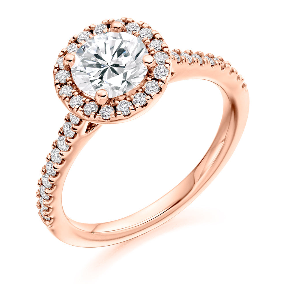 Halo with Diamond Shoulders Round Brilliant Engagement Ring, 0.9ct in Rose Gold