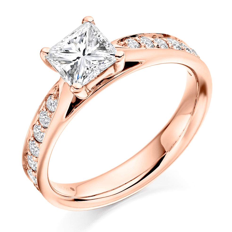 Pavé-Shouldered Solitaire Princess Cut Engagement Ring 0.75ct total in Rose Gold