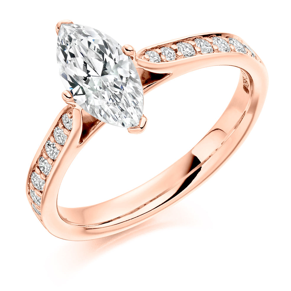 Fine Pavé Solitaire Marquise Cut Engagement Ring in Rose Gold