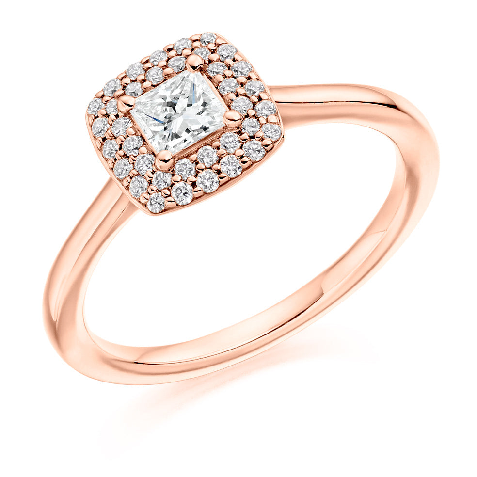Plain-Band Halo Princess Cut Engagement Ring 0.53ct in Rose Gold