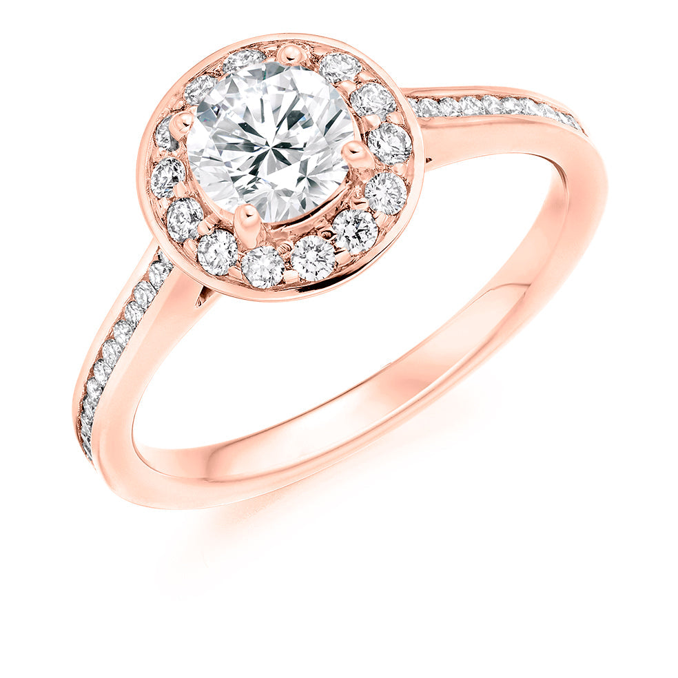 Pavé-Shoulder Halo Round-Brilliant Engagement Ring, 0.75ct (ENG3847 SMT) in Rose Gold
