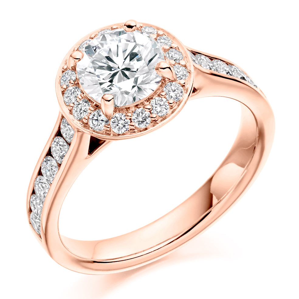 Pavé-Shoulder Halo Round-Brilliant Engagement Ring, 1.0ct (ENG3848 SMT) in Rose Gold