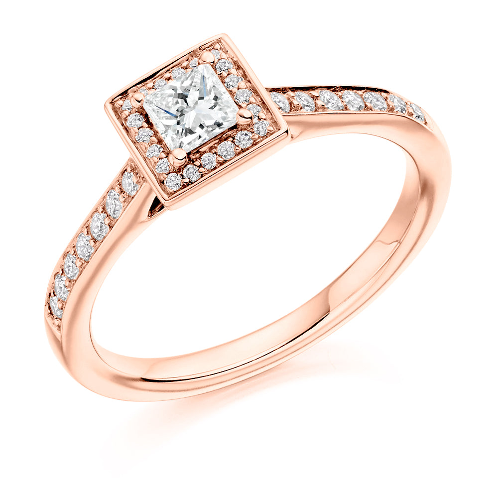 Pavé-Shoulder Halo Princess-Cut Engagement Ring, 0.25ct in Rose Gold