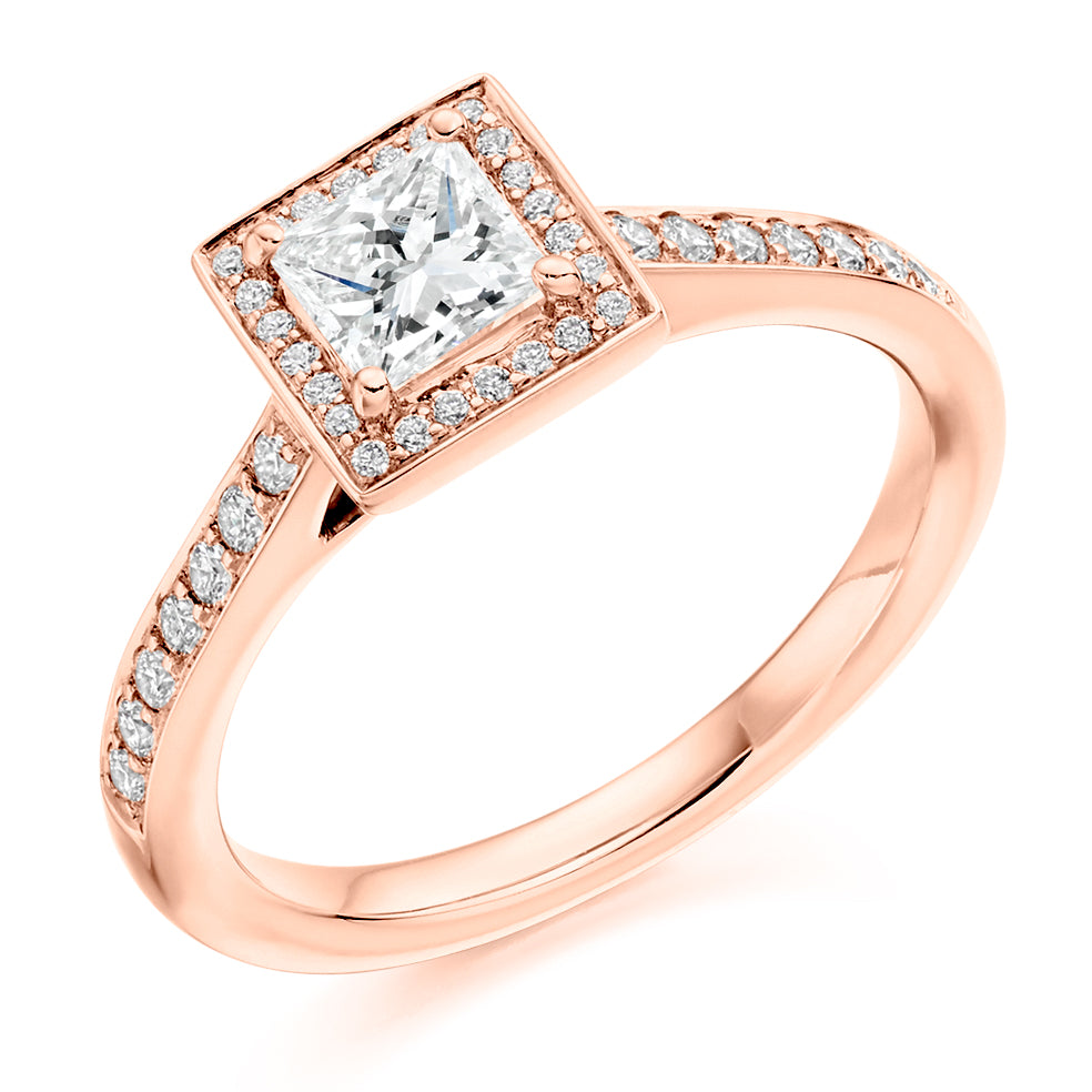 Pavé-Shoulder Halo Princess-Cut Engagement Ring, 0.5ct in Rose Gold