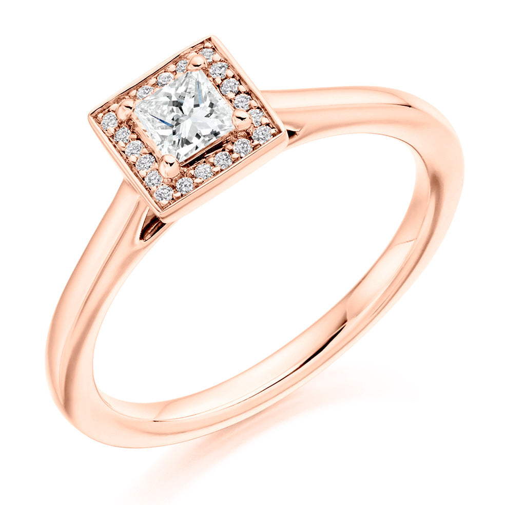 Clean-Shouldered Halo Princess Cut Engagement Ring, 0.25ct in Rose Gold