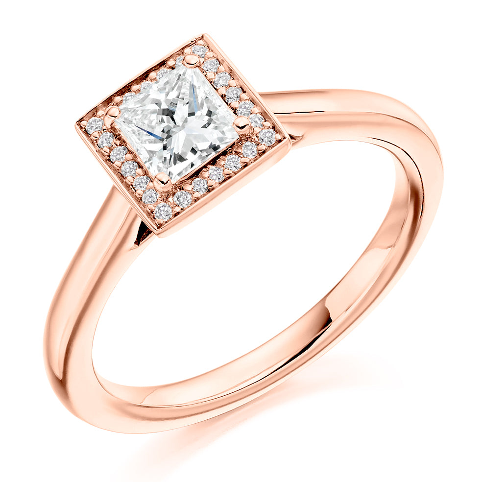 Halo Solitaire Princess Cut Engagement Ring 0.58ct in Rose Gold