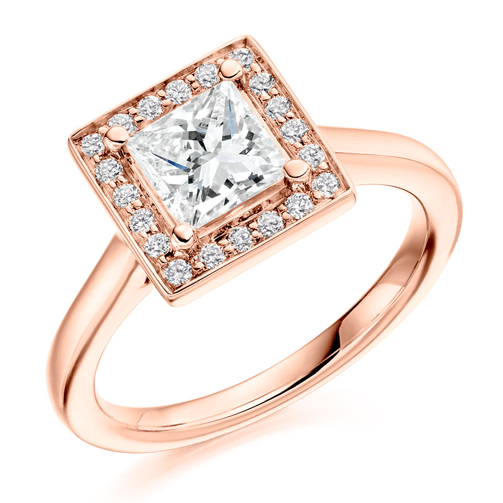 Halo with Plain Shoulders Princess Cut Engagement Ring in Rose Gold