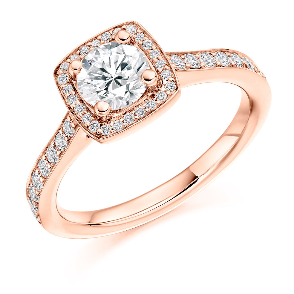 Pavé-Shoulder Halo Round-Brilliant Engagement Ring, 0.75ct (ENG3907 SMT) in Rose Gold