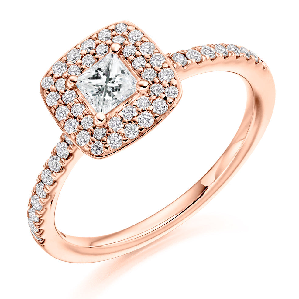 Grain-Set Halo Princess Cut Engagement Ring in Rose Gold