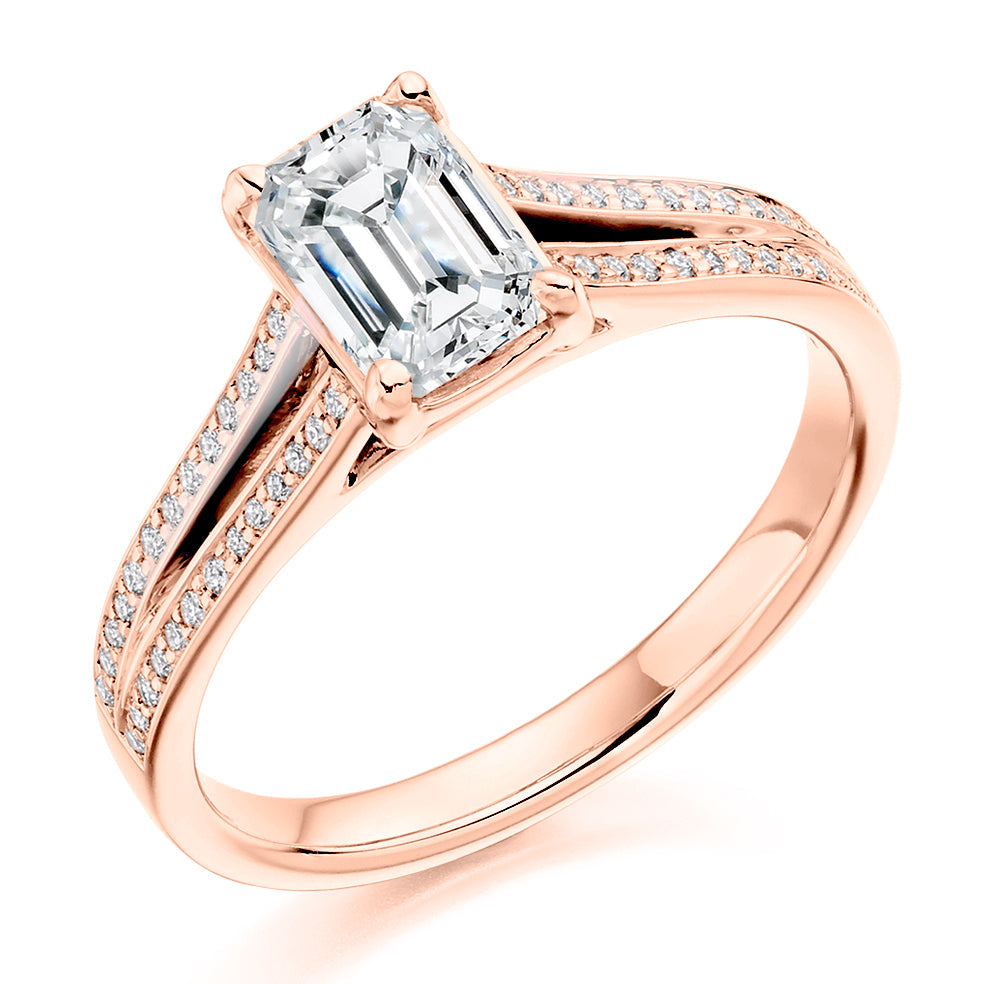 Solitaire with Split Shoulders Emerald Cut Engagement Ring in Rose Gold