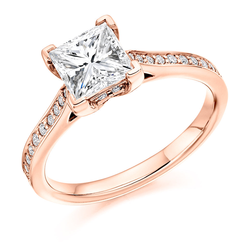 Pavé-Shouldered Solitaire Princess Cut Engagement Ring, 1.25ct in Rose Gold