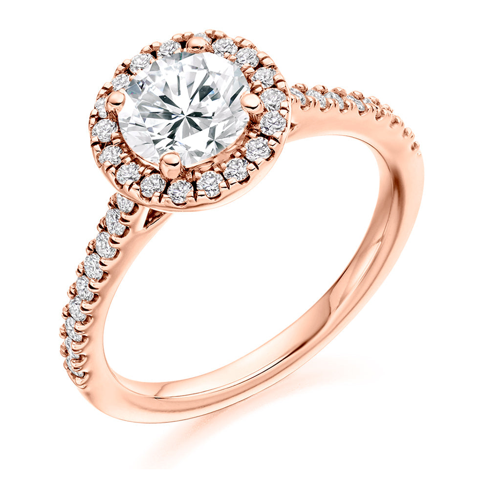 Diamond-Shouldered Halo Round Brilliant Engagement Ring, 0.75ct in Rose Gold