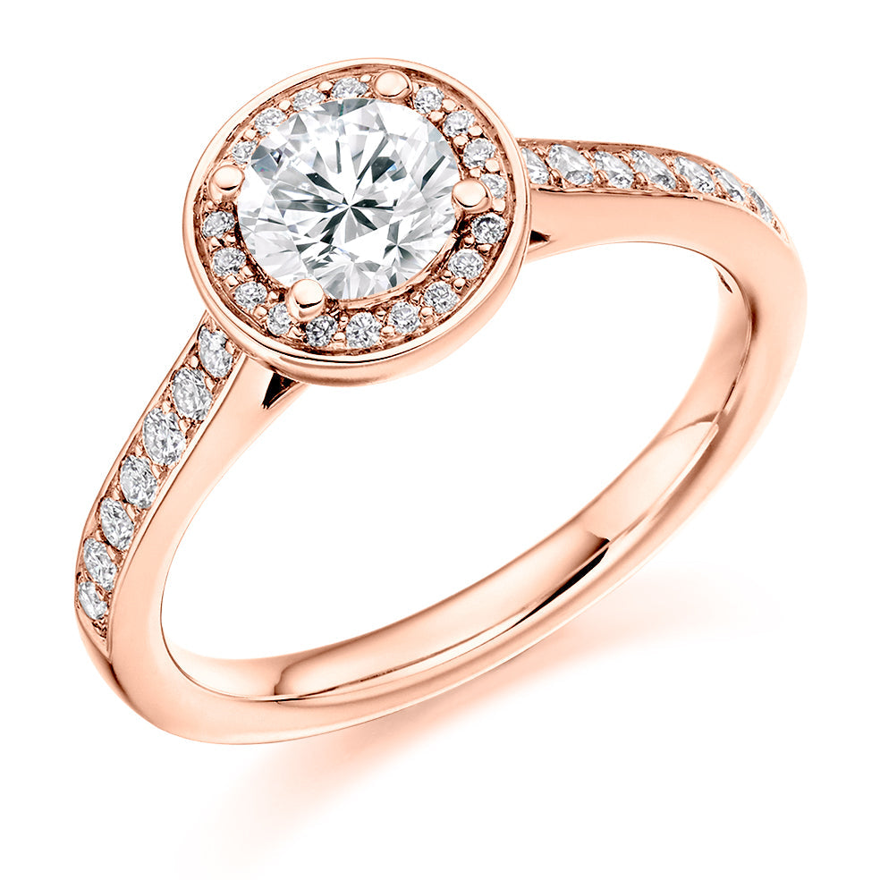 Pavé-Shoulder Halo Round-Brilliant Engagement Ring, 0.75ct (ENG3969 SMT) in Rose Gold