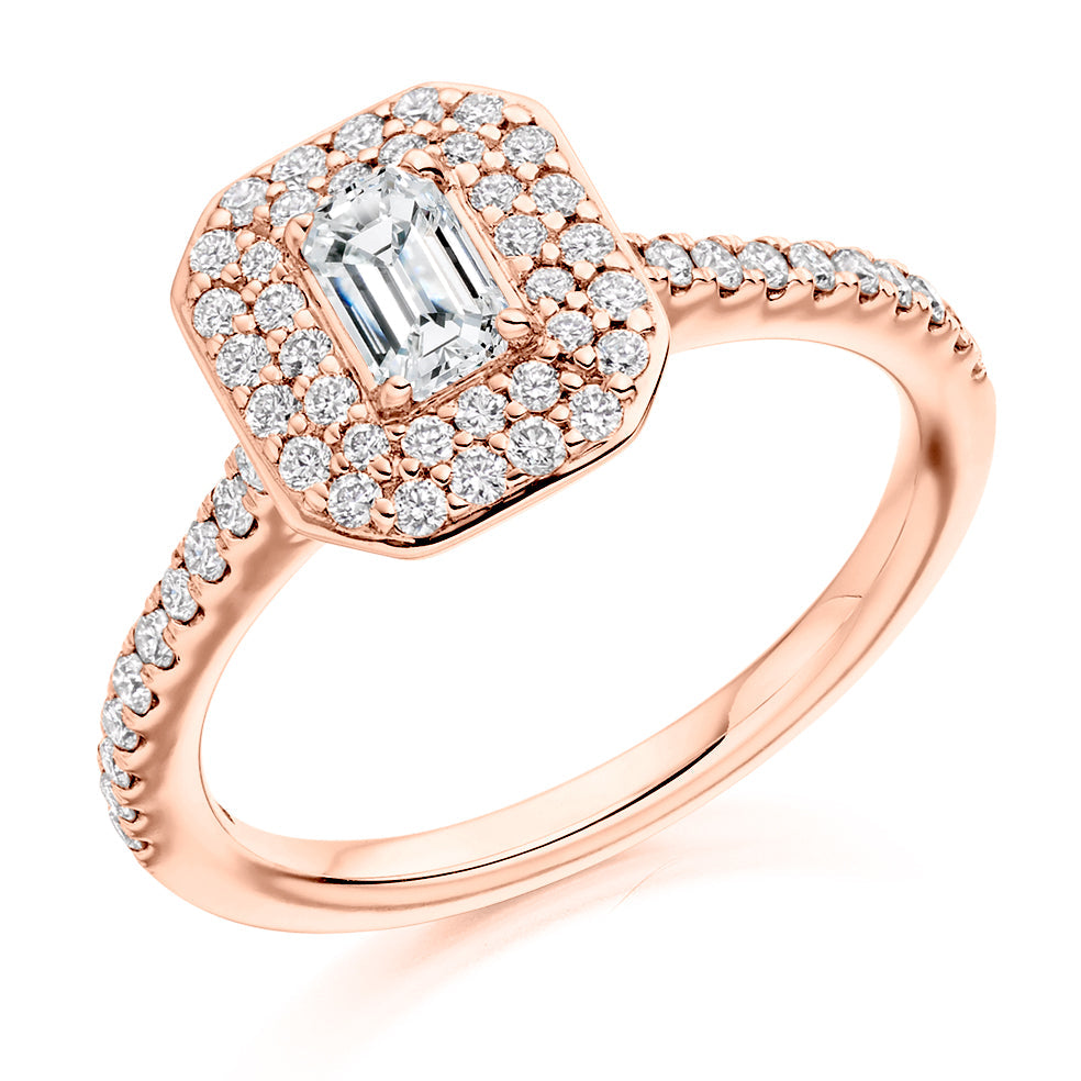 Double-Halo Emerald-Cut Engagement Ring, 0.33ct in Rose Gold