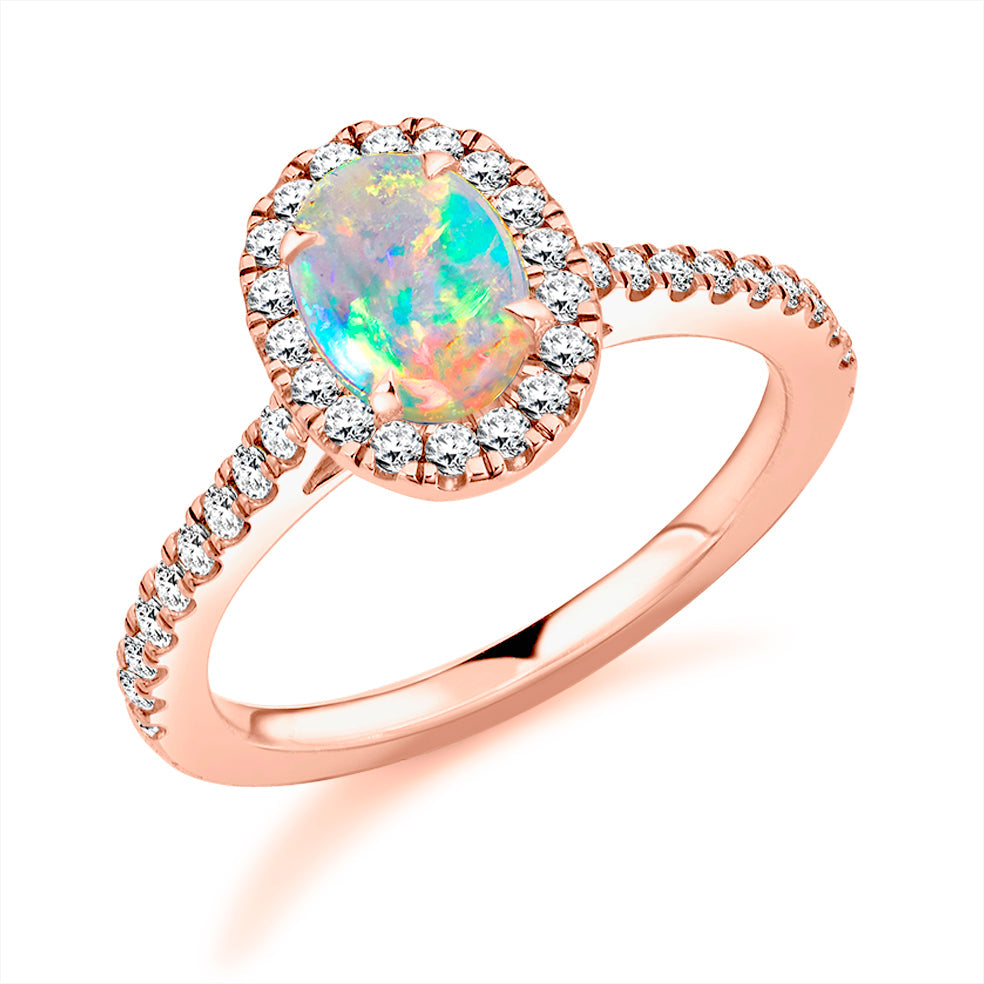 Cluster Halo Opal & Diamond Engagement Ring with Micro-Claw, 0.4ct in Rose Gold