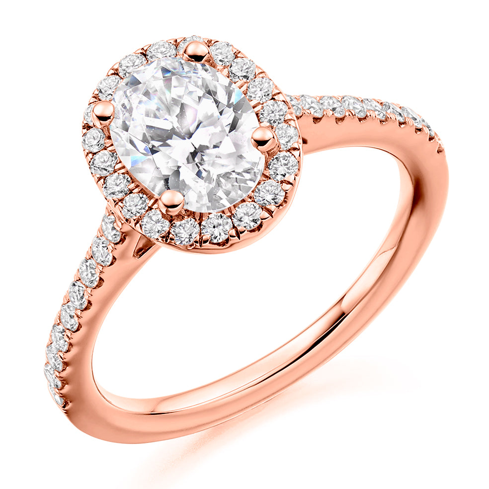 Pavé-Shoulder Halo Oval-Cut Engagement Ring, 1.5ct in Rose Gold