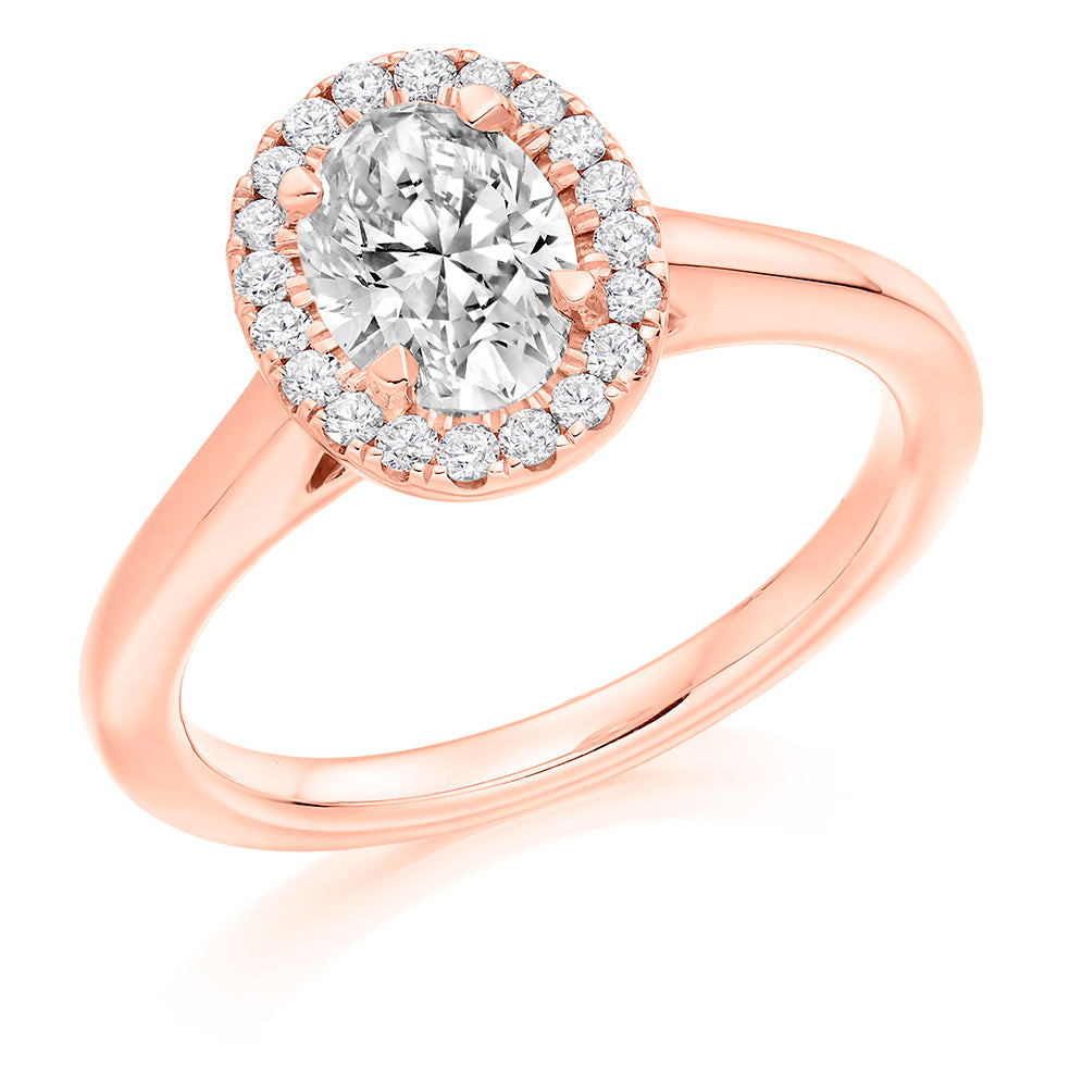 Clean-Shouldered Halo Oval Cut Engagement Ring in Rose Gold
