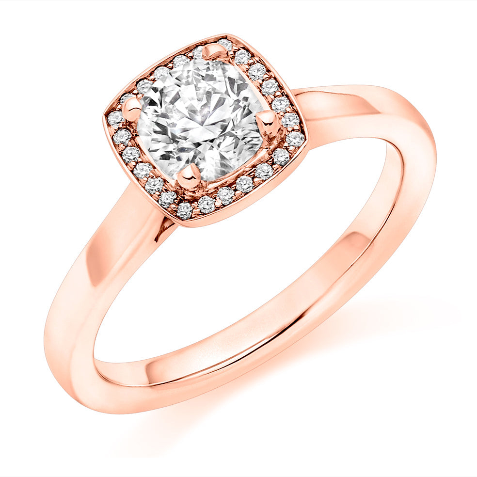 Plain-Shoulder Halo Cushion-Cut Engagement Ring, 0.7ct in Rose Gold