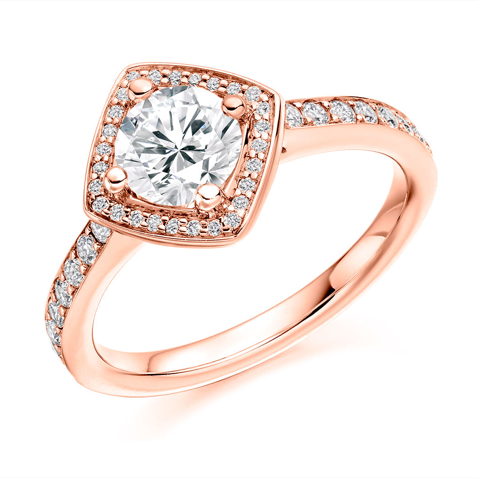 Pavé-Shoulder Halo Round-Brilliant Engagement Ring, 0.75ct (ENG4030 SMT) in Rose Gold