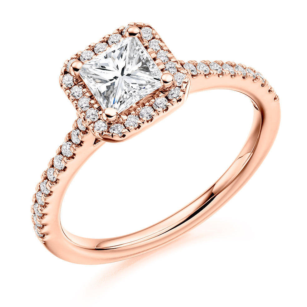 Pavé-Shoulder Halo Princess-Cut Engagement Ring, 0.75ct (ENG4039 SMT) in Rose Gold