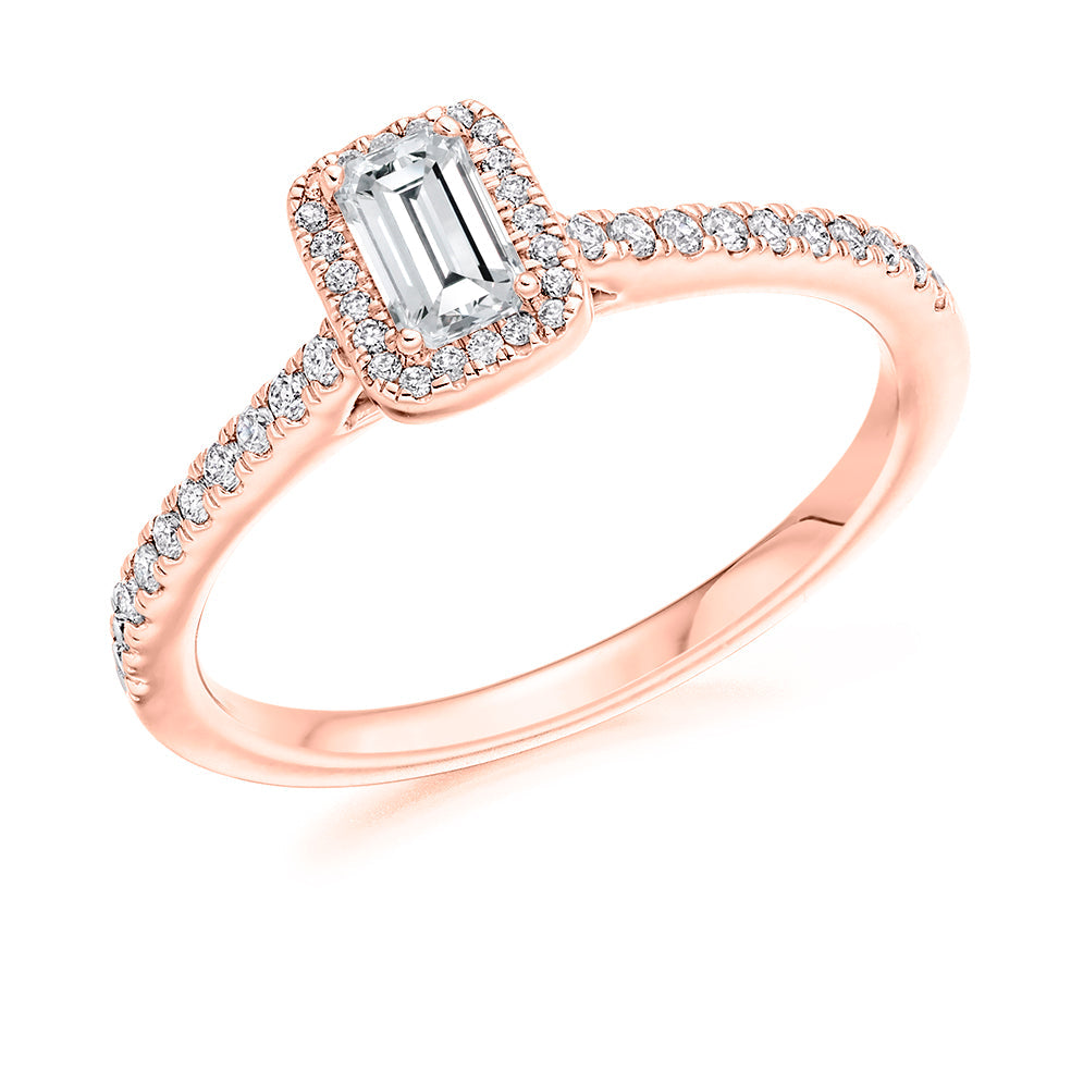 Classic Halo Emerald Cut Engagement Ring in Rose Gold