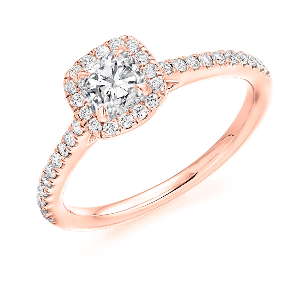 Halo with Diamond Shoulders Cushion Cut Engagement Ring, 0.45ct in Rose Gold